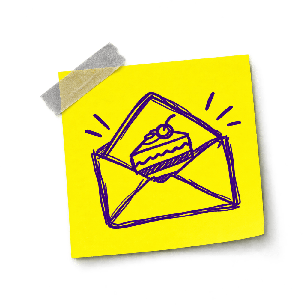 Sticky note doodle of an envelope with a slice of cake inside