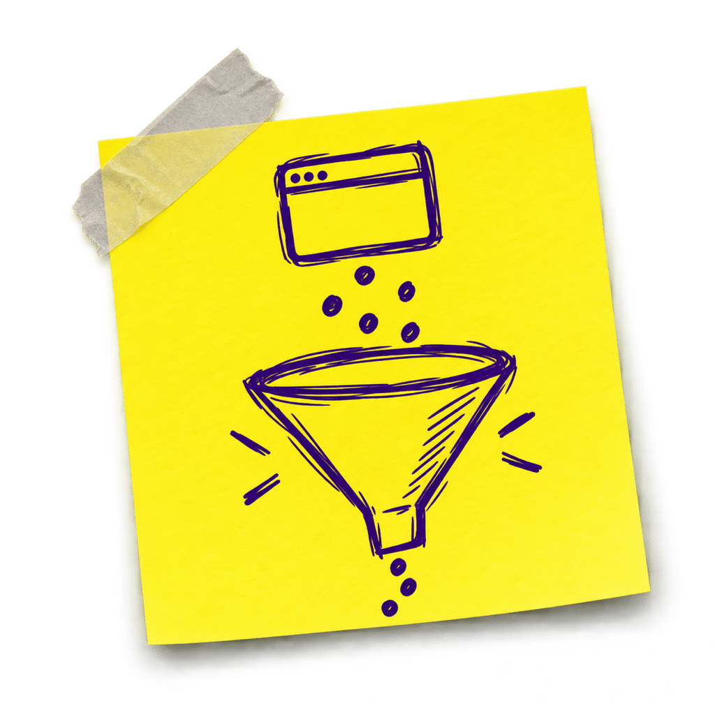 Sticky note doodle of a website dropping leads into a funnel