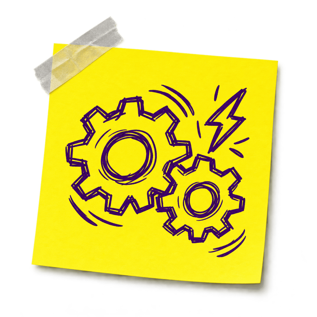Sticky note doodle of two gears and a lightning bolt